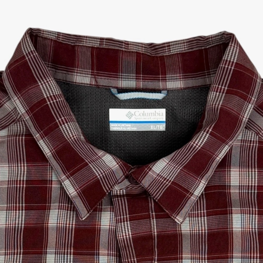 Columbia Men's XL Plaid Shirt Long Sleeve Zip Chest Pocket Maroon Tan Poly Blend - Picture 3 of 10